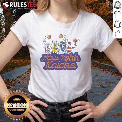 Funny cereal box dude graphic on a New York Knicks ladies tee, perfect for fans who love quirky sports apparel.