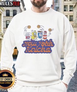 Funny Cereal Box Dude wearing a New York Knicks sweatshirt, showcasing a playful and vibrant sports fashion style.