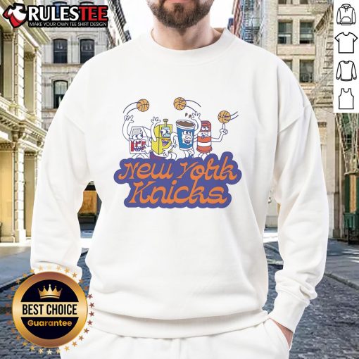 Funny Cereal Box Dude wearing a New York Knicks sweatshirt, showcasing a playful and vibrant sports fashion style.