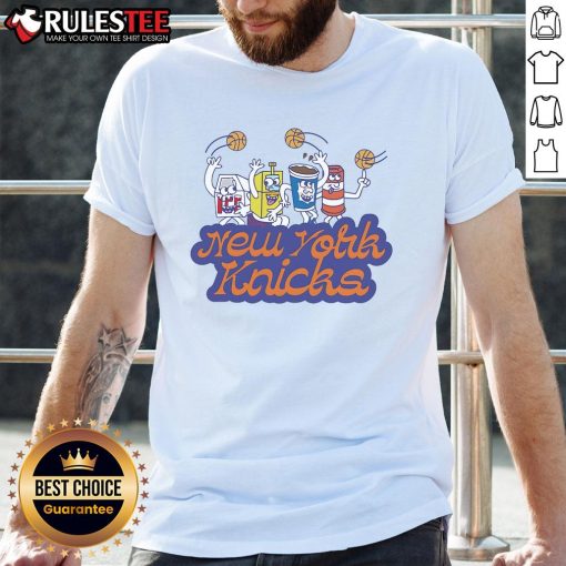 Funny Cereal Box Dude wearing a New York Knicks T-Shirt, showcasing a playful and vibrant cereal-themed design.