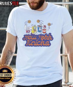 Funny Cereal Box Dude wearing a New York Knicks T-Shirt, showcasing a playful and vibrant cereal-themed design.