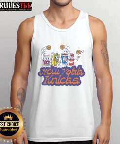 Alt Text: Funny cereal box dude wearing a New York Knicks tank top, showcasing a playful and vibrant sports style.