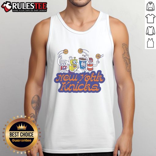Alt Text: Funny cereal box dude wearing a New York Knicks tank top, showcasing a playful and vibrant sports style.