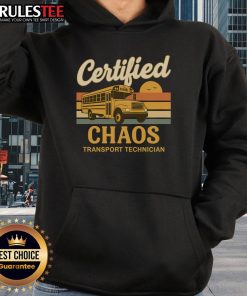 Alt Text: Humorous 'Certified Chaos Transport Technician' hoodie worn by a school bus driver, featuring vibrant graphics and playful design.