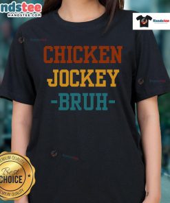 Alt Text: Funny chicken jockey meme featuring a gamer chicken in a humorous pose, perfect for ladies' tee shirts.