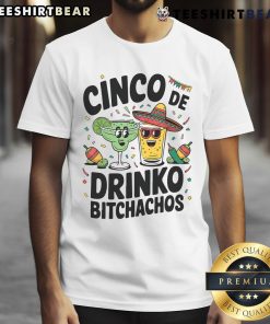 Alt Text: Funny Cinco De Drinko Bitchachos t-shirt featuring a vibrant margarita and tequila design for festive celebrations.