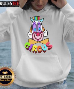 Funny clown circus face hoodie featuring vibrant colors and playful design, perfect for casual wear and circus-themed events.