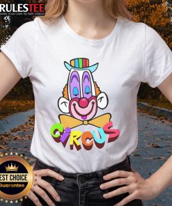 Funny clown circus face design on a ladies tee, perfect for playful and vibrant fashion lovers.
