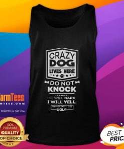 Funny Crazy Dog Lives Here Do Not Knock tank top design featuring a playful dog illustration and vibrant colors.