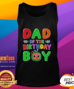 Funny Dad of the Birthday Boy wearing a Melon Family matching tank top, celebrating with joy at a birthday party.