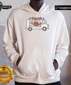 Funny Deadpool taco truck hoodie featuring vibrant graphics of Deadpool enjoying tacos, perfect for fans of comic humor.