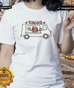 Funny Deadpool taco truck ladies tee featuring vibrant graphics of Deadpool enjoying tacos, perfect for comic fans.