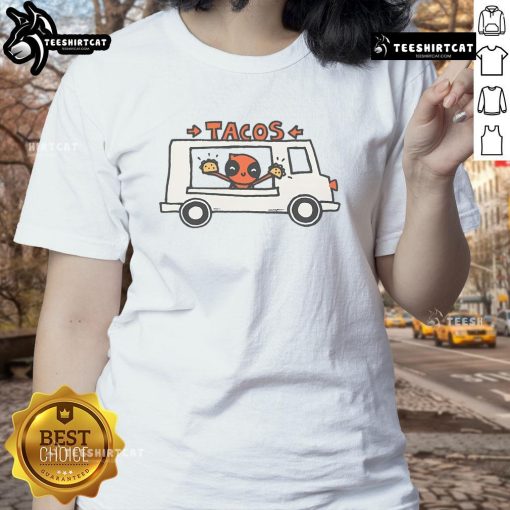 Funny Deadpool taco truck ladies tee featuring vibrant graphics of Deadpool enjoying tacos, perfect for comic fans.