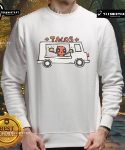 Funny Deadpool taco truck sweatshirt featuring a vibrant graphic of Deadpool enjoying tacos, perfect for comic fans.
