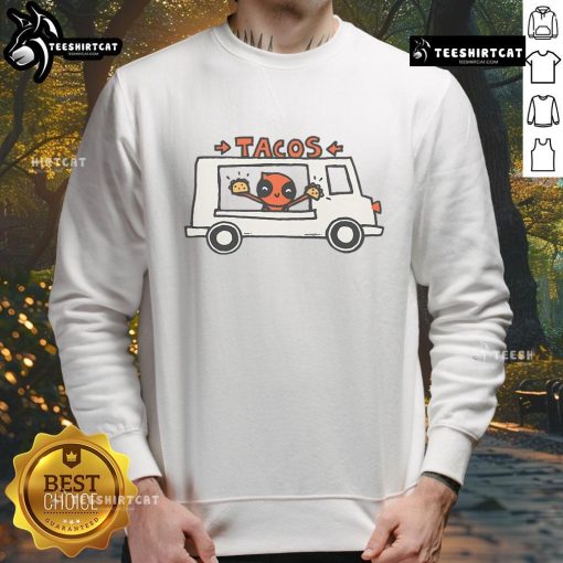 Funny Deadpool taco truck sweatshirt featuring a vibrant graphic of Deadpool enjoying tacos, perfect for comic fans.