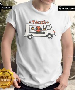 Funny Deadpool taco truck t-shirt featuring Deadpool enjoying tacos, perfect for fans of comic-inspired apparel.