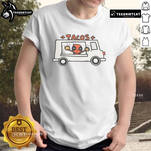 Funny Deadpool taco truck t-shirt featuring Deadpool enjoying tacos, perfect for fans of comic-inspired apparel.