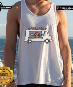 Funny Deadpool Taco Truck tank top featuring a vibrant design of Deadpool enjoying tacos, perfect for comic fans.