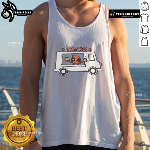 Funny Deadpool Taco Truck tank top featuring a vibrant design of Deadpool enjoying tacos, perfect for comic fans.