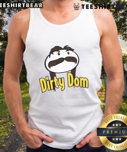 Funny Dominik Mysterio wearing a Dirty Dom tank top, showcasing his playful wrestling persona in a vibrant setting.