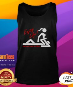 Alt Text: Funny Enjoy Life Eat Out More Often adult humor tank top design featuring playful typography and vibrant colors.
