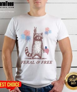 Alt Text: Funny Feral & Free Patriotic Raccoon 4th July T-Shirt featuring a playful raccoon with American flag elements.