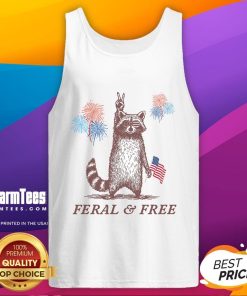 Funny feral raccoon wearing a patriotic tank top for 4th of July celebration, showcasing its playful spirit.