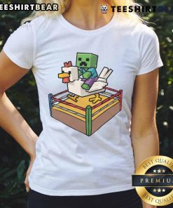 Funny Fighting Chicken Minecraft Chicken Jockey Ladies Tee featuring a whimsical chicken and rider design for gamers.