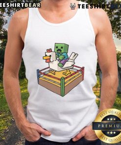 Funny fighting chicken in Minecraft, featuring a chicken jockey wearing a tank top, ready for battle.