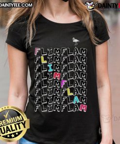 Funny Flim Flam Flamingo Ladies Tee featuring a vibrant flamingo graphic and playful text for a fun summer look.