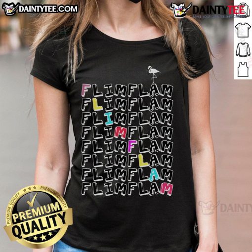 Funny Flim Flam Flamingo Ladies Tee featuring a vibrant flamingo graphic and playful text for a fun summer look.