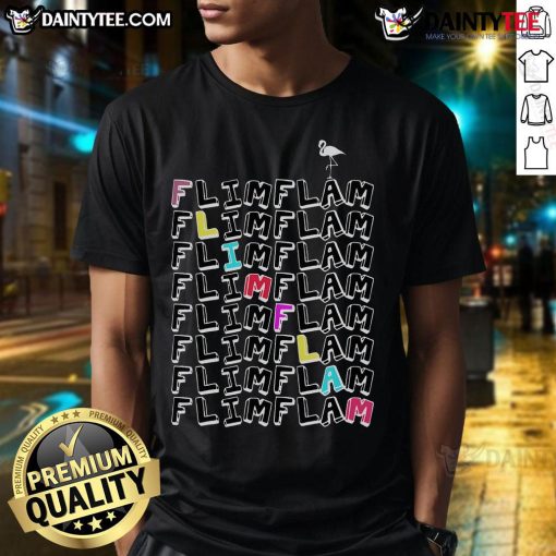 Funny Flim Flam Flamingo T-Shirt featuring a vibrant flamingo graphic and playful text, perfect for casual summer wear.