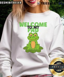 Alt Text: Funny frog on lily pad design featured on a cozy sweatshirt, perfect for casual wear and nature lovers.