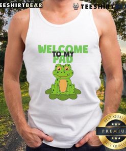 Funny frog on a lily pad graphic tank top, perfect for casual wear and summer vibes. Welcome to my pad!