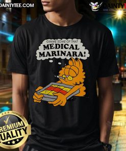 Funny Garfield Gimme Some Of That Medical Marinara T-Shirt featuring a humorous cartoon design of Garfield with marinara sauce.