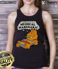 Funny Garfield tank top featuring 'Gimme Some of That Medical Marinara' design, perfect for humor and cat lovers.