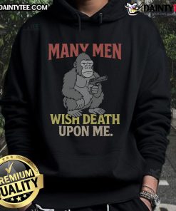 Funny gorilla meme hoodie featuring a gorilla with a gun and the phrase '100 men wish death upon me' for humor.