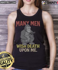 Funny gorilla meme tank top featuring a gorilla with the text '100 Men Wish Death Upon Me' for humorous apparel.