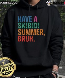 Alt Text: Funny teacher wearing a 'Have A Skibidi Summer Bruh' hoodie on the last day of school, celebrating with students.