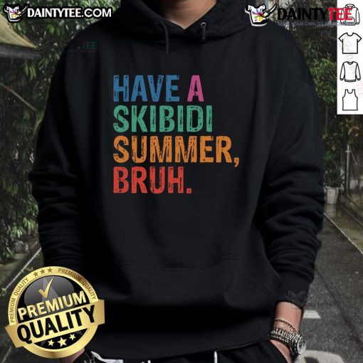 Alt Text: Funny teacher wearing a 'Have A Skibidi Summer Bruh' hoodie on the last day of school, celebrating with students.