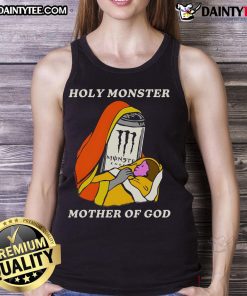 Funny Holy Monster Mother of God white tank top featuring a playful energy drink design for casual wear.