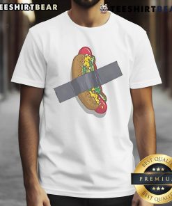 Alt Text: Funny Hot Dog Chicago Tape T-Shirt featuring a playful design of a hot dog and city skyline, perfect for food lovers.