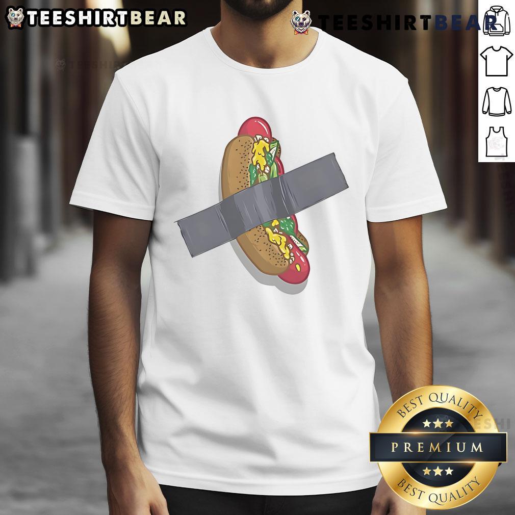 Funny Hot Dog Chicago Tape T Shirt Alt Text: Funny Hot Dog Chicago Tape T-Shirt featuring a playful design of a hot dog and city skyline, perfect for food lovers.