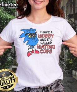 Funny 'I Have A Hobby Called Hating Cops' tee featuring Garfield and Sonic, perfect for casual wear and humor enthusiasts.