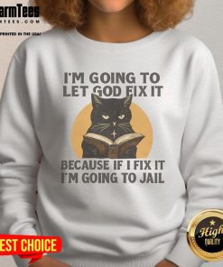 Alt Text: Funny black cat sweatshirt with the phrase I'm going to let God fix it, because if I fix it, I'm going to jail.
