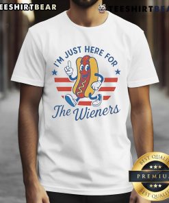 Alt Text: Funny 4th of July hot dog t-shirt with 'I'm Just Here For The Wieners' text, perfect for summer BBQs and celebrations.