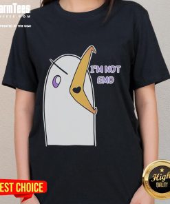 Funny 'I'm Not Emo' Ladies Tee featuring playful text design, perfect for casual wear and expressing unique style.