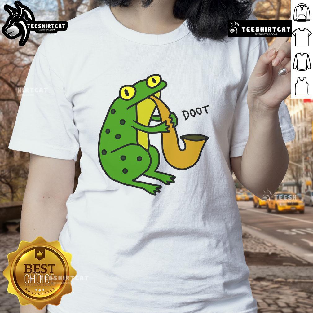 Funny Jazz Frog Doot Ladies Tee Funny jazz frog Doot graphic on a stylish ladies tee, perfect for music lovers and quirky fashion enthusiasts.