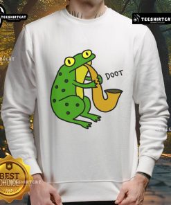 Funny Jazz Frog Doot sweatshirt featuring a cartoon frog playing jazz music, perfect for music lovers and frog enthusiasts.