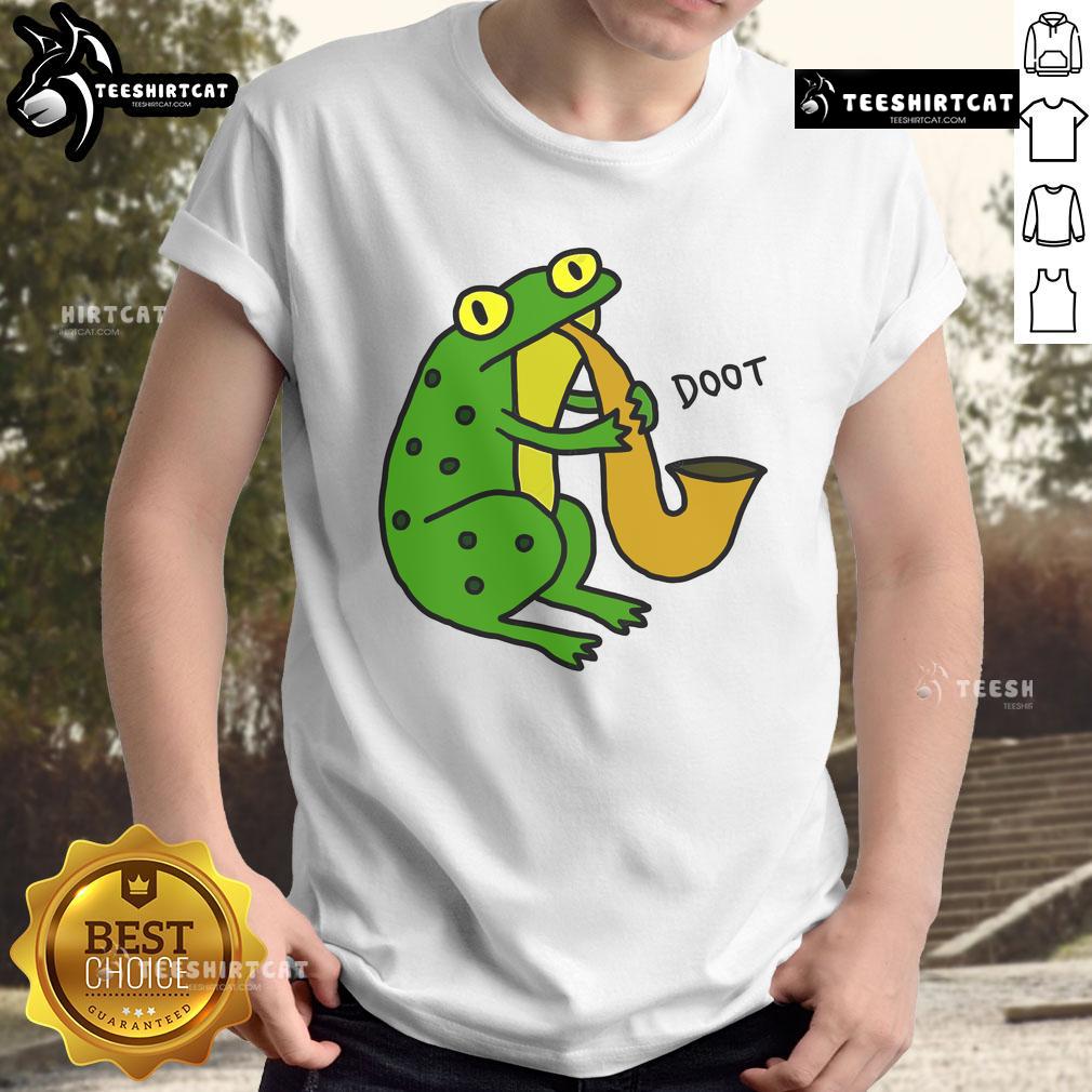 Funny Jazz Frog Doot T Shirt Funny Jazz Frog Doot T-Shirt featuring a whimsical frog playing a trumpet in a vibrant, colorful design.